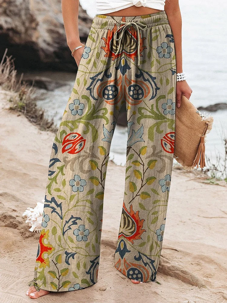 Women's Vintage Ethnic Floral Art Printed Cotton And Linen Casual Pants