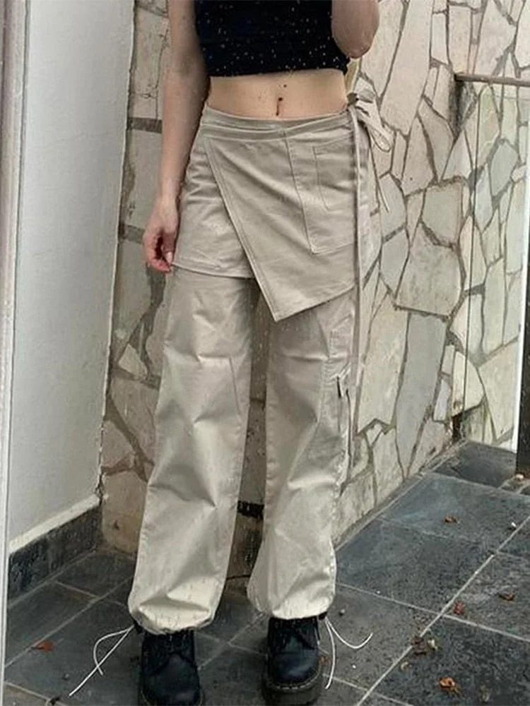 Jacqueline Y2K Wide Leg Cargo Pants Women Drawstring Baggy Low Waist Fashion Hippie Trousers Pocket Casual Street Vintage Brown