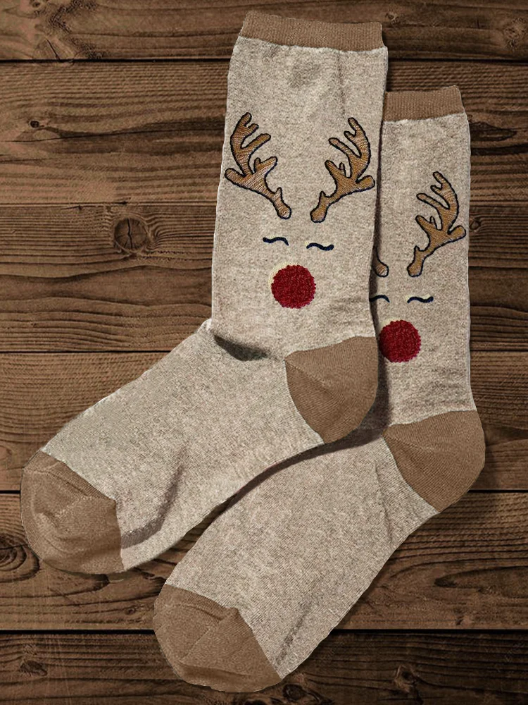Christmas Reindeer Face Embroidery Art Comfy Socks