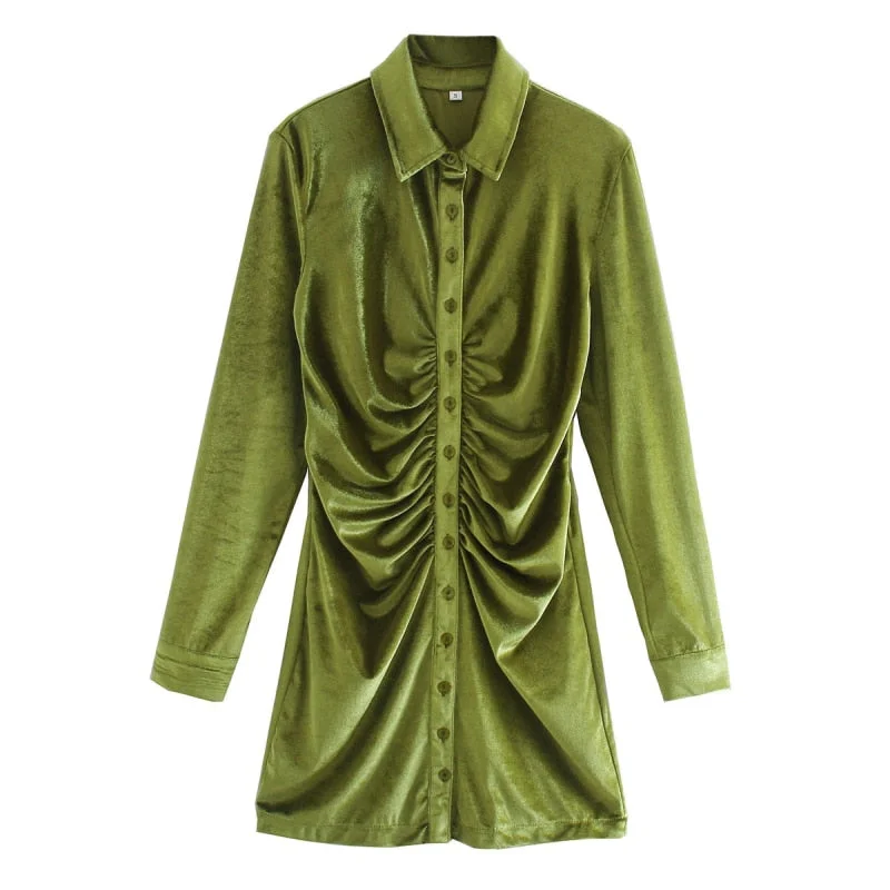 Vintage Elegant Green Draped Velvet Mini Dress Women Fashion Buttons Turn-down Collar Dresses Female Chic Vestidos