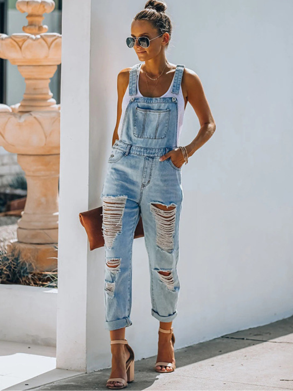 Casual Solid Ripped Slit Strap Sleeveless Regular Denim Jumpsuits