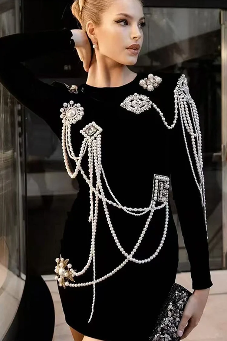 Pearl Chains Rhinestone Embellished Midi Dress-Black