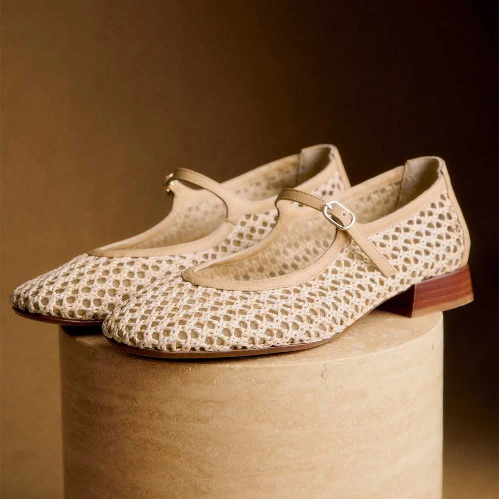 Women's Beige Closed Square Toe Woven Mary Jane Flats with Buckle