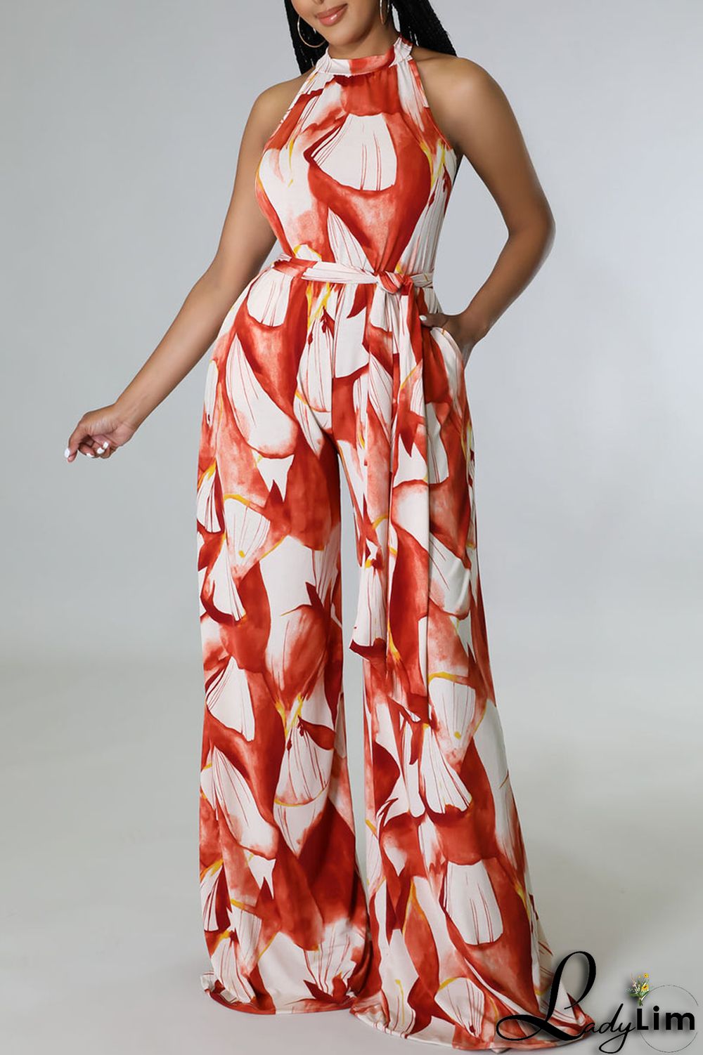 Red Casual Print Bandage Split Joint O Neck Straight Jumpsuits