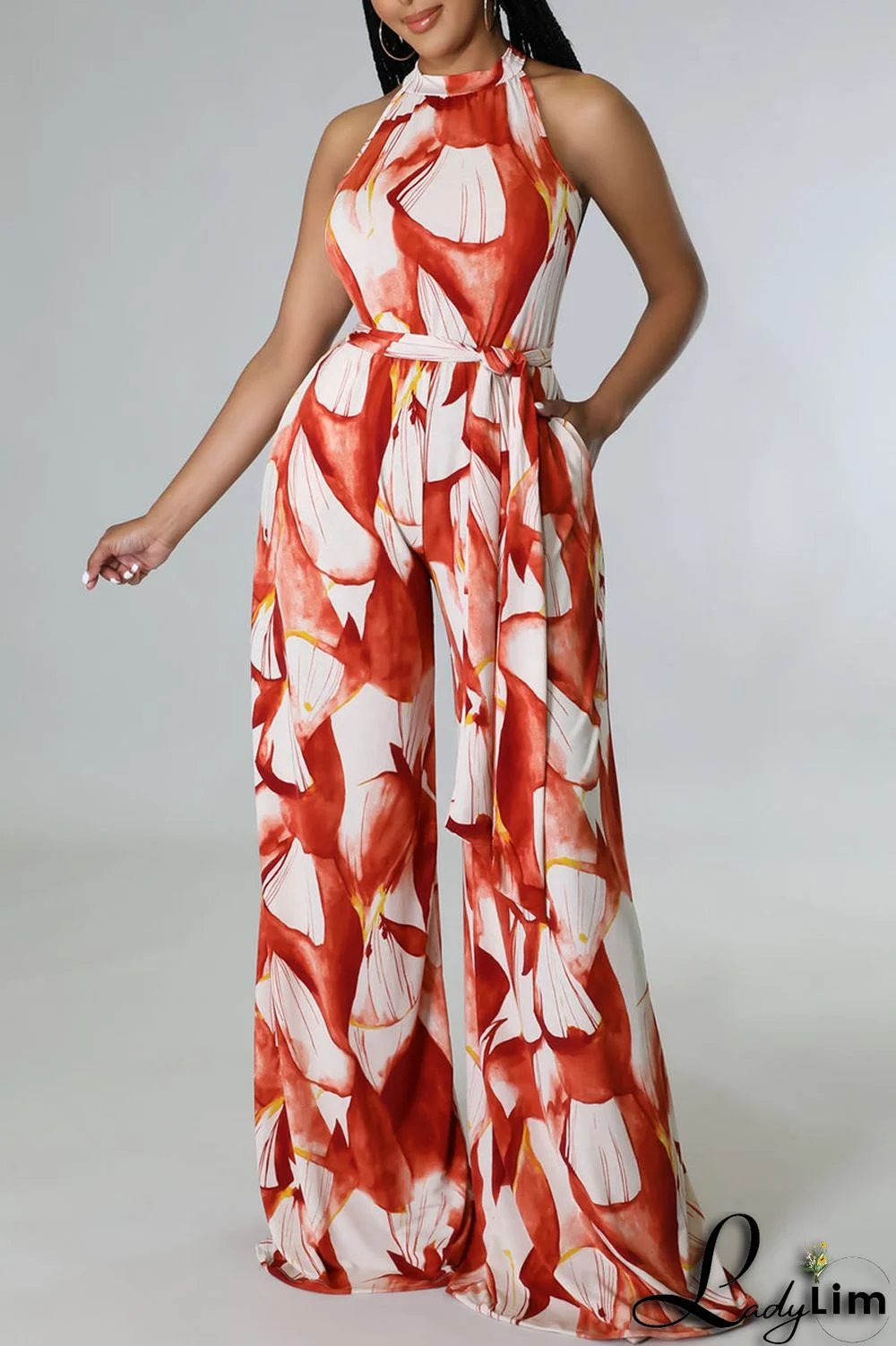 Red Casual Print Bandage Split Joint O Neck Straight Jumpsuits