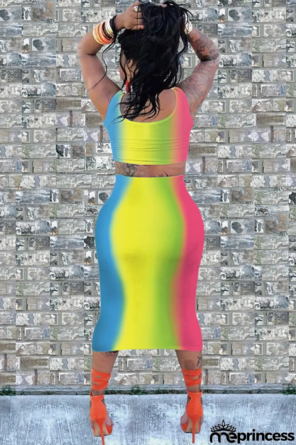 Ombre Sexy Fashion Tank Sleeveless O neck Step Skirt Mid-Calf hollow out Print Fluorescent hole backless