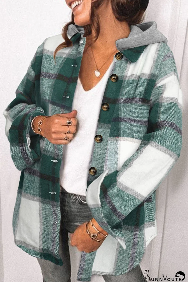 Green Plaid Hooded Button-Up Shacket