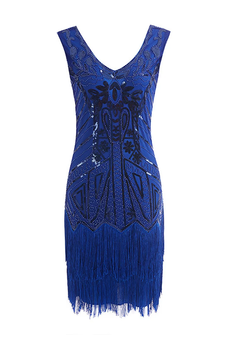 1920s Royal Blue Party V Neck Sequin Fringe Mini Dress