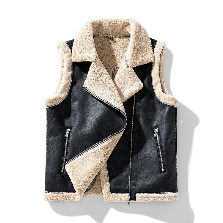 Winter Lamb's Wool Padded Warm Fur One Motorcycle Leather Vest