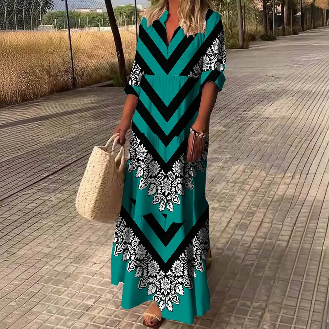 Women Green,Geometric,Stitching DZDN0622 SPU Printed Long Sleeve V-neck Maxi Dress