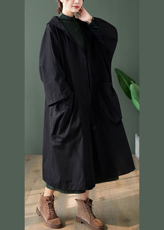 Handmade Black Button Pockets Loose Fall Long sleeve Hoodie Coat CK2059- Fabulory