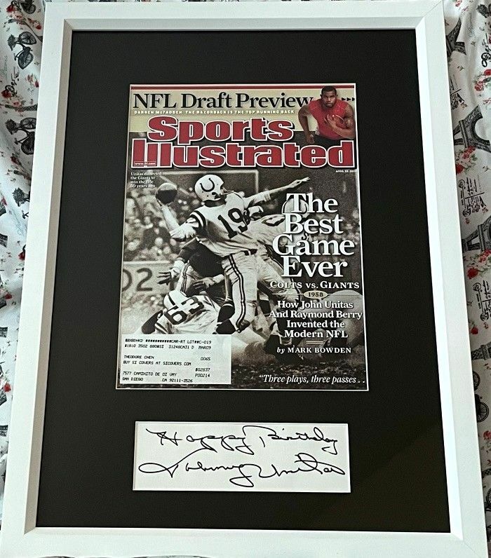 Johnny Unitas autograph framed with Colts SI cover inscribed Happy Birthday JSA