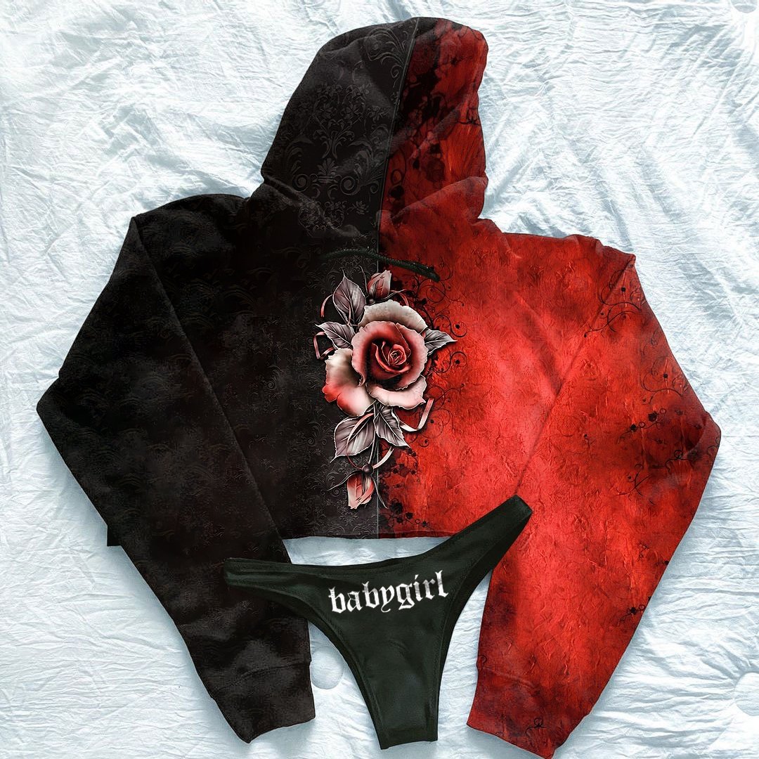Sexy Rose Babygirl Printed Sports Suit Cropped Hoodie Suit Set