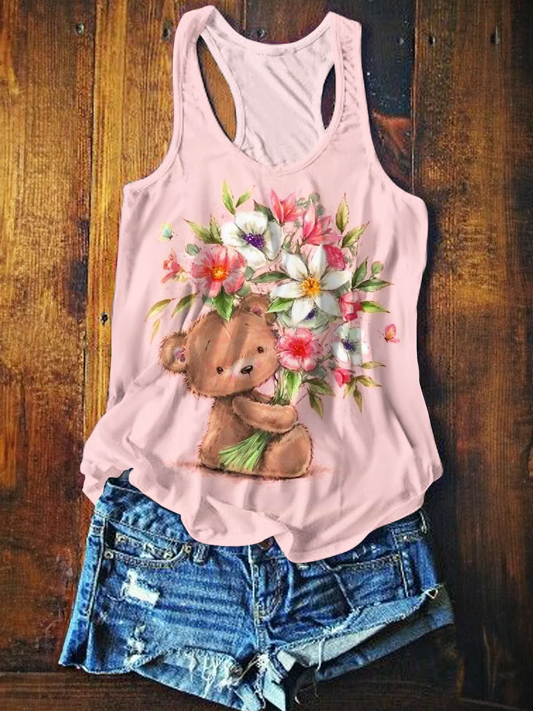 Women's Summer Cute Bear Floral Print Sleeveless Top Vest