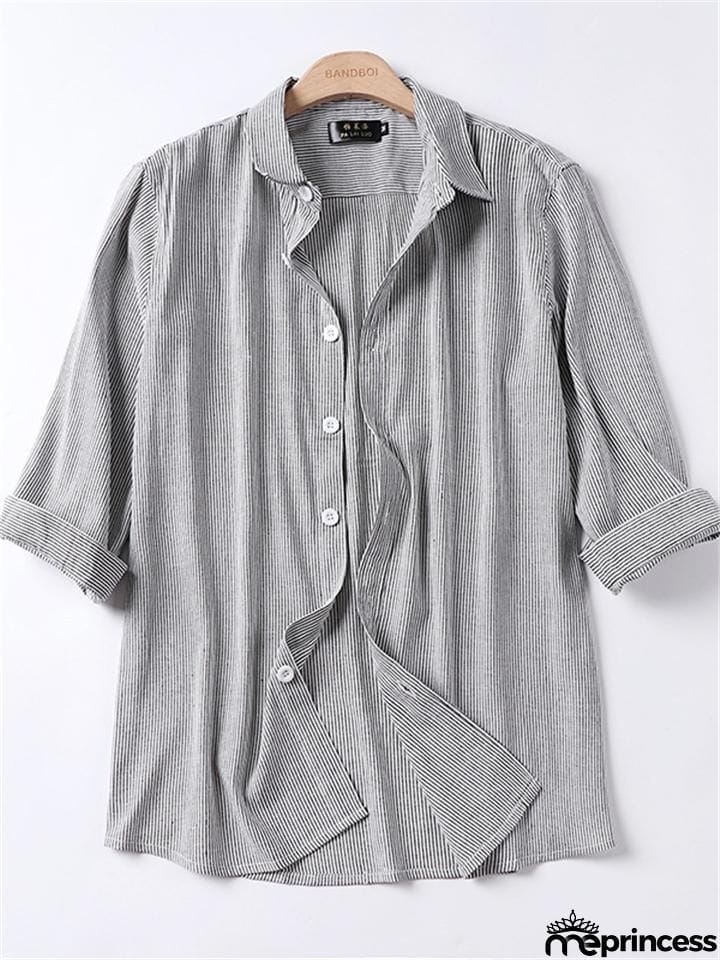 Loose Casual Comfy Striped Full Buttons Long Sleeve Shhirts