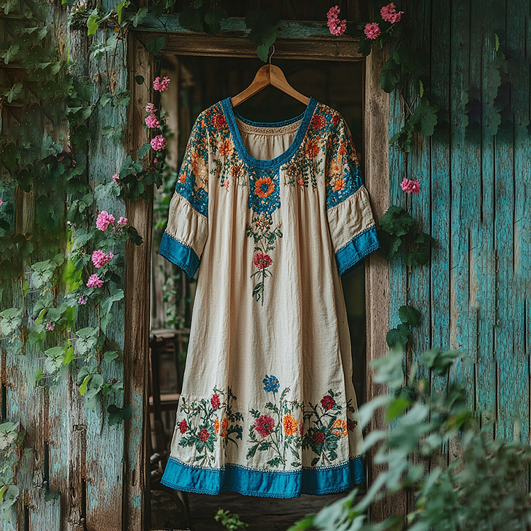 Floral Embroidery Linen Blend Loose  Midi Dress