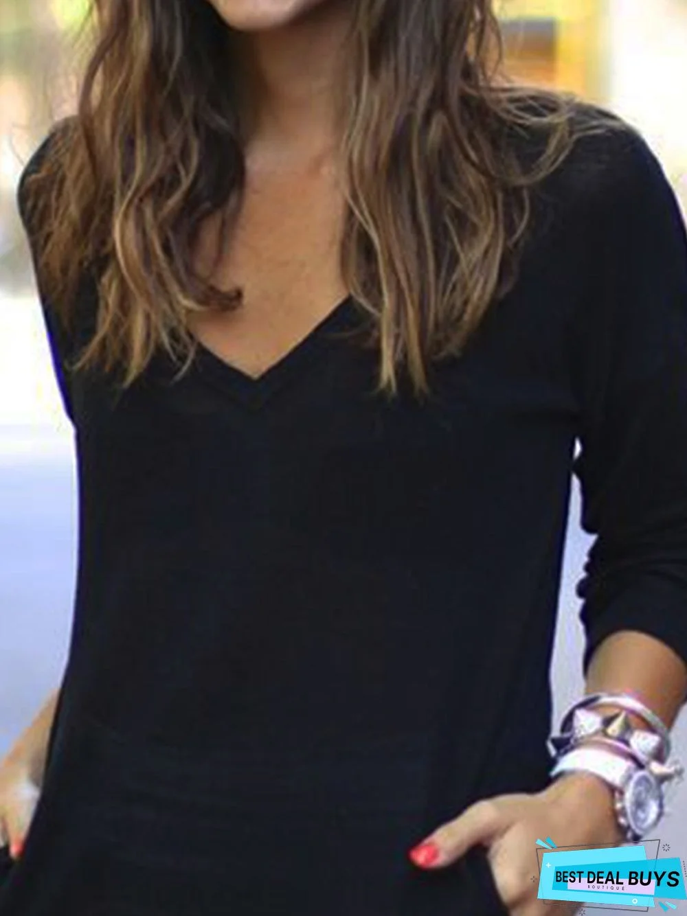 Casual V Neck Cotton Blends Causal Tunic Top