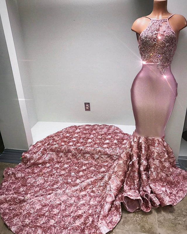 Bellaspromr Mermaid Prom Dress Flower Bottom Evening Gown With Appliques Pink Halte Bellasprom