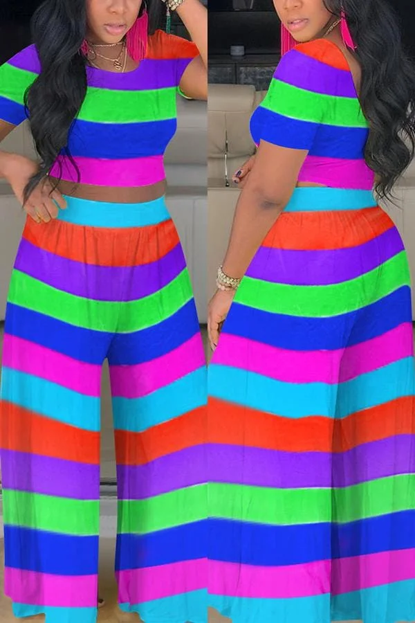 Fashion Sport Colorful Striped  Two-Pieces Suit