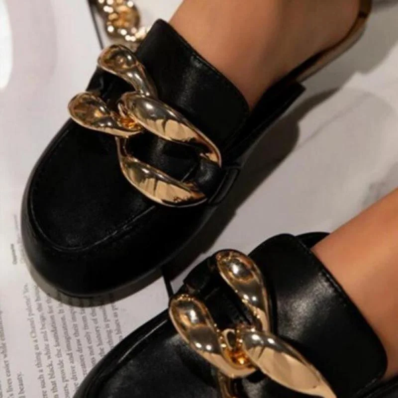 New Brand Design Gold Chain Women Slipper Closed Toe Slip On Mules Shoes Round Toe Ytmtloy Zapatillas Mujer Casa Flip Flop