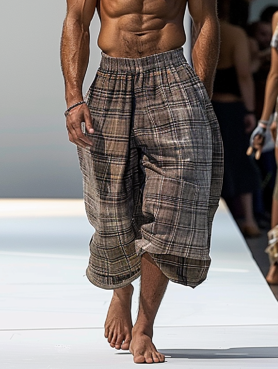 Men's Retro Casual Cotton and Linen Loose Pocket Culottes