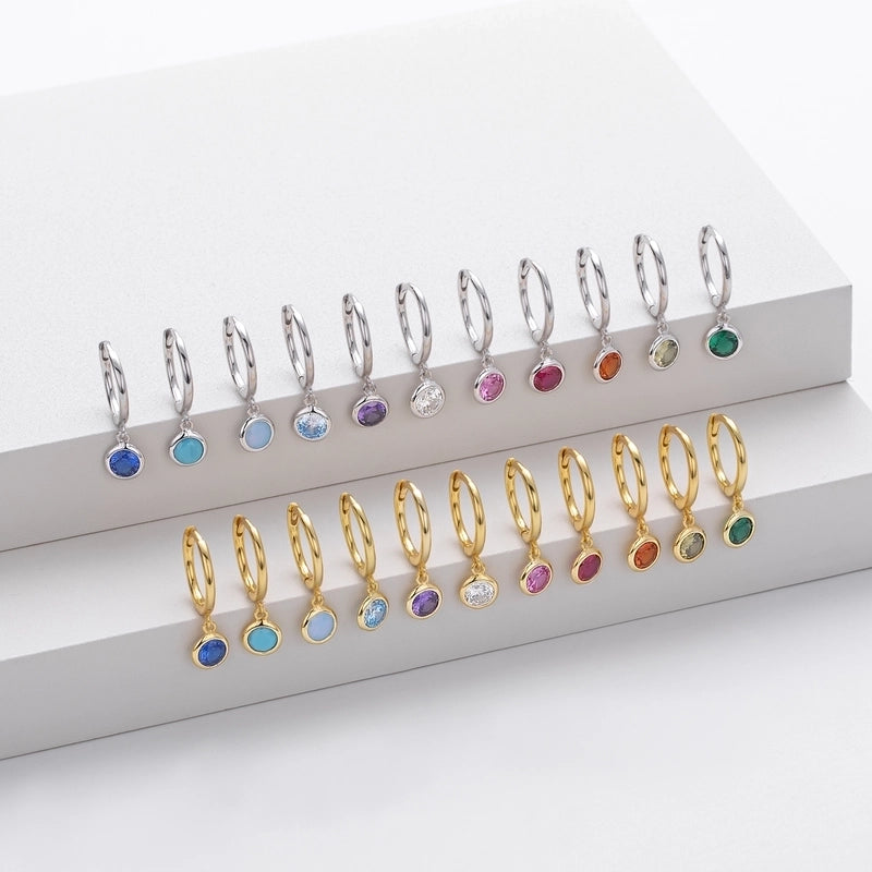 1 Pair 925 Sterling Silver Birthstone Round Drop Earrings