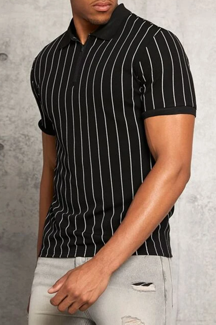 Tiboyz Classic Vertical Stripe Zipper Short Sleeved Polo Shirt