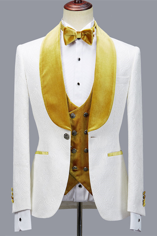 Velvet Lapel Jacquard White Wedding Men's Suit with Three Pieces | Risias
