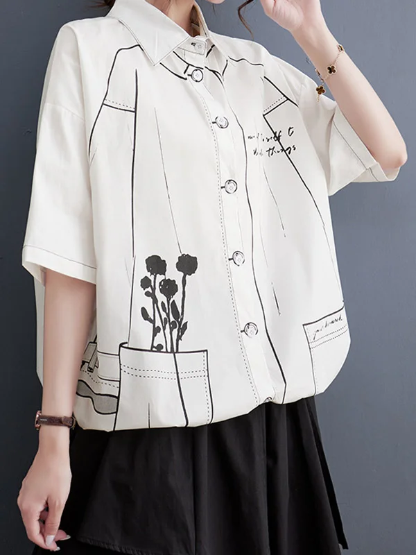 Printed Buttoned Short Sleeves Loose Lapel Blouses&Shirts Tops