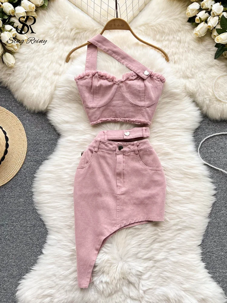 Huibahe Denim Pink Sexy Women Sets Zipper Sashes Button Pocket Irregular Strapless Backless Top Denim Skirt Two Piece Set