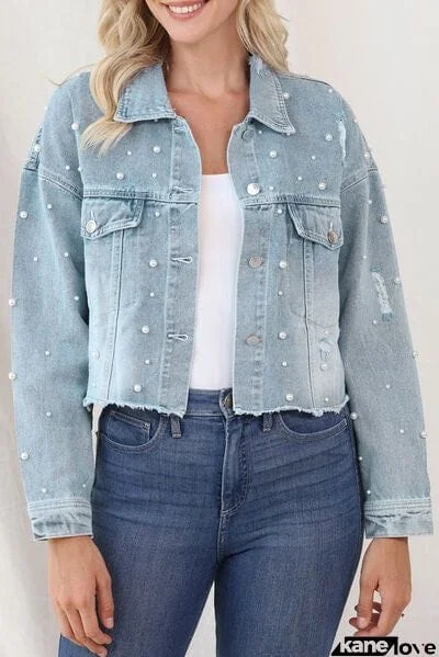 Distressed Pearl Trim Button Up Denim Jacket