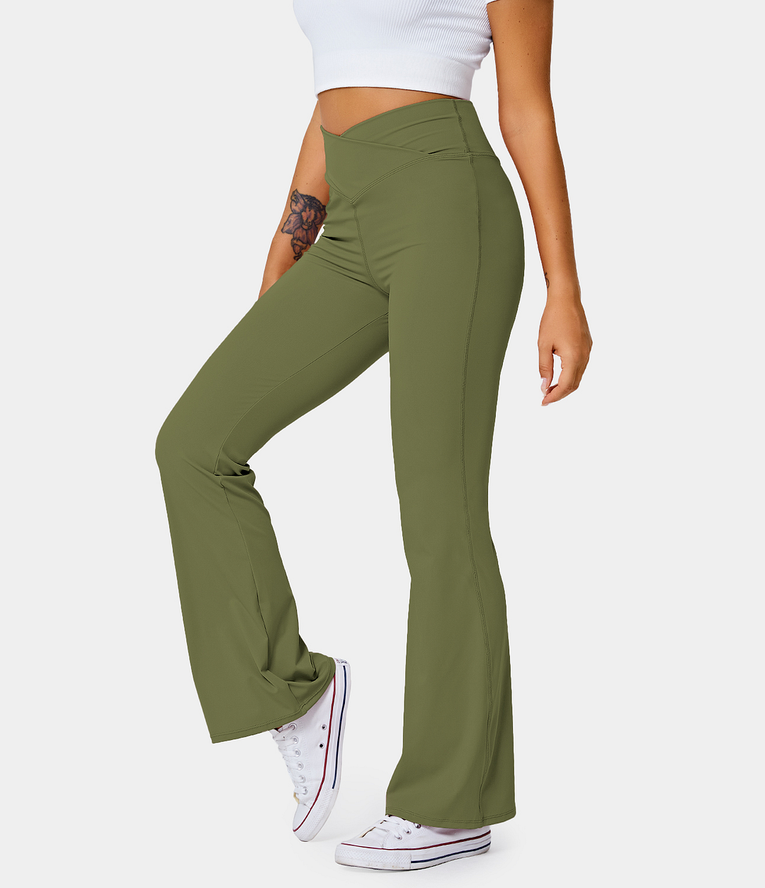  Womens Casual Bootleg Yoga Pants V Crossover High Waisted  Flare Workout Pants Leggings Olive Green