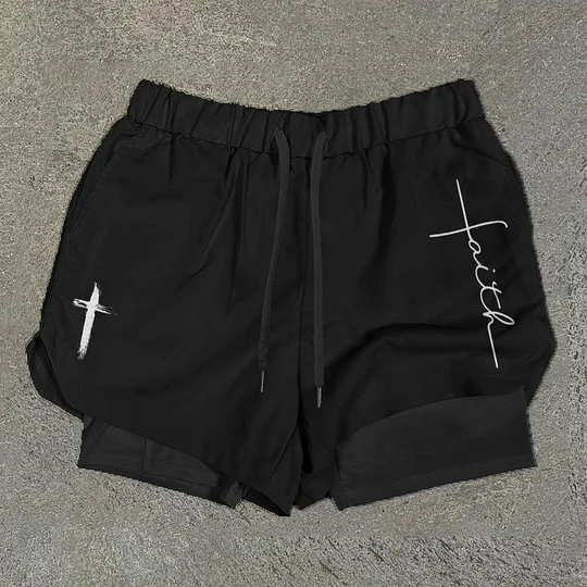 Funbibi Faith Cross Print Double Layer Quick Dry Shorts
