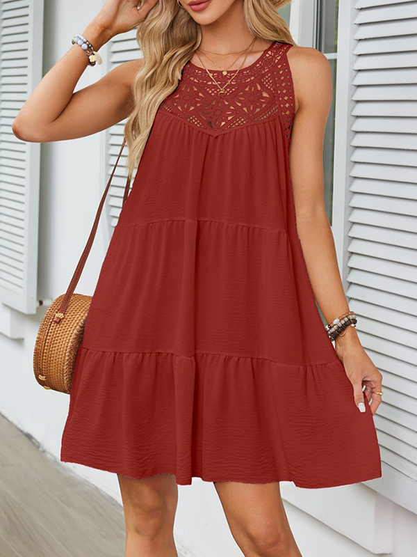 Split-Joint Solid Color Pleated Hollow Sleeveless Loose Round-Neck Mini Dresses BRICK RED-S