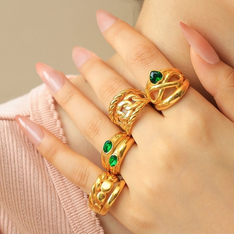Vintage Style Modern Style Commute Heart Shape Twist 304 Stainless Steel Zircon 14K Gold Plated Plating Hollow Out Inlay Rings