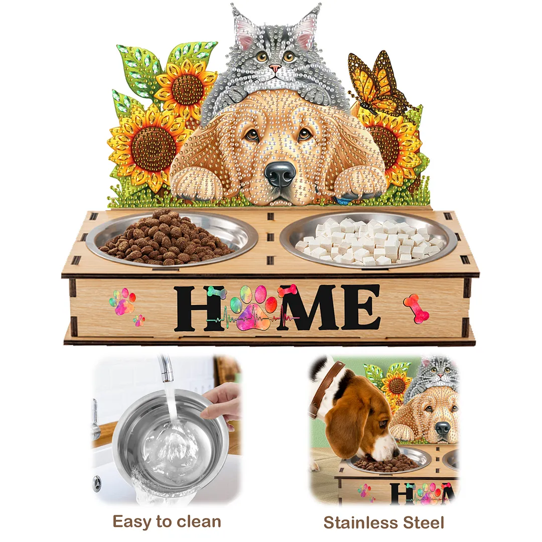 Diamond Painting Food Bowl with Wood Stand Diamond Art Dog Bowl for Small Dogs