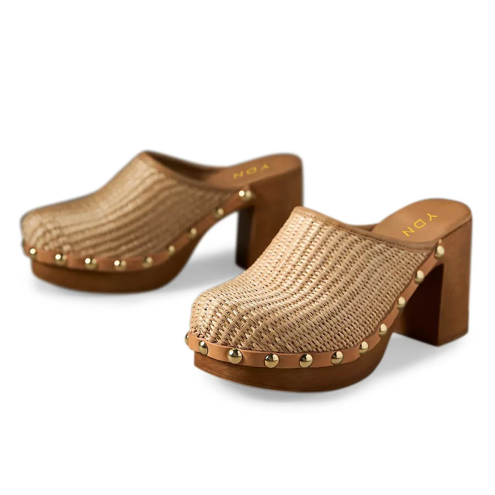Raffia Round Toe Platform Studded Mules Shoes with Chunky Heel