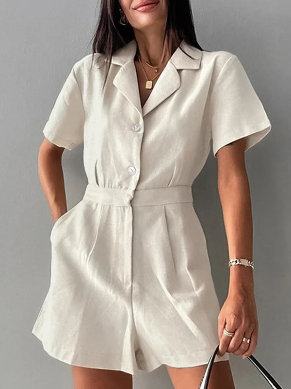 Buttoned Pleated Pockets Solid Color Split-Joint High Waisted Loose Notched Collar Rompers