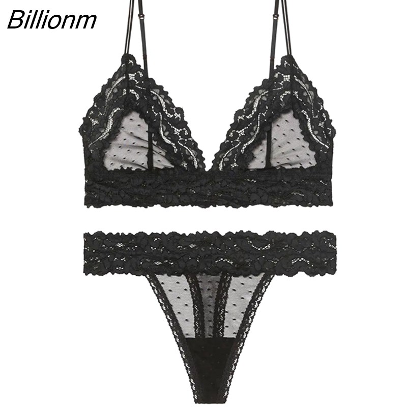 Billionm Sexy Women Lace Mesh Bra Set Push Up Brassiere T Back Panties Sets Backless V Neck 