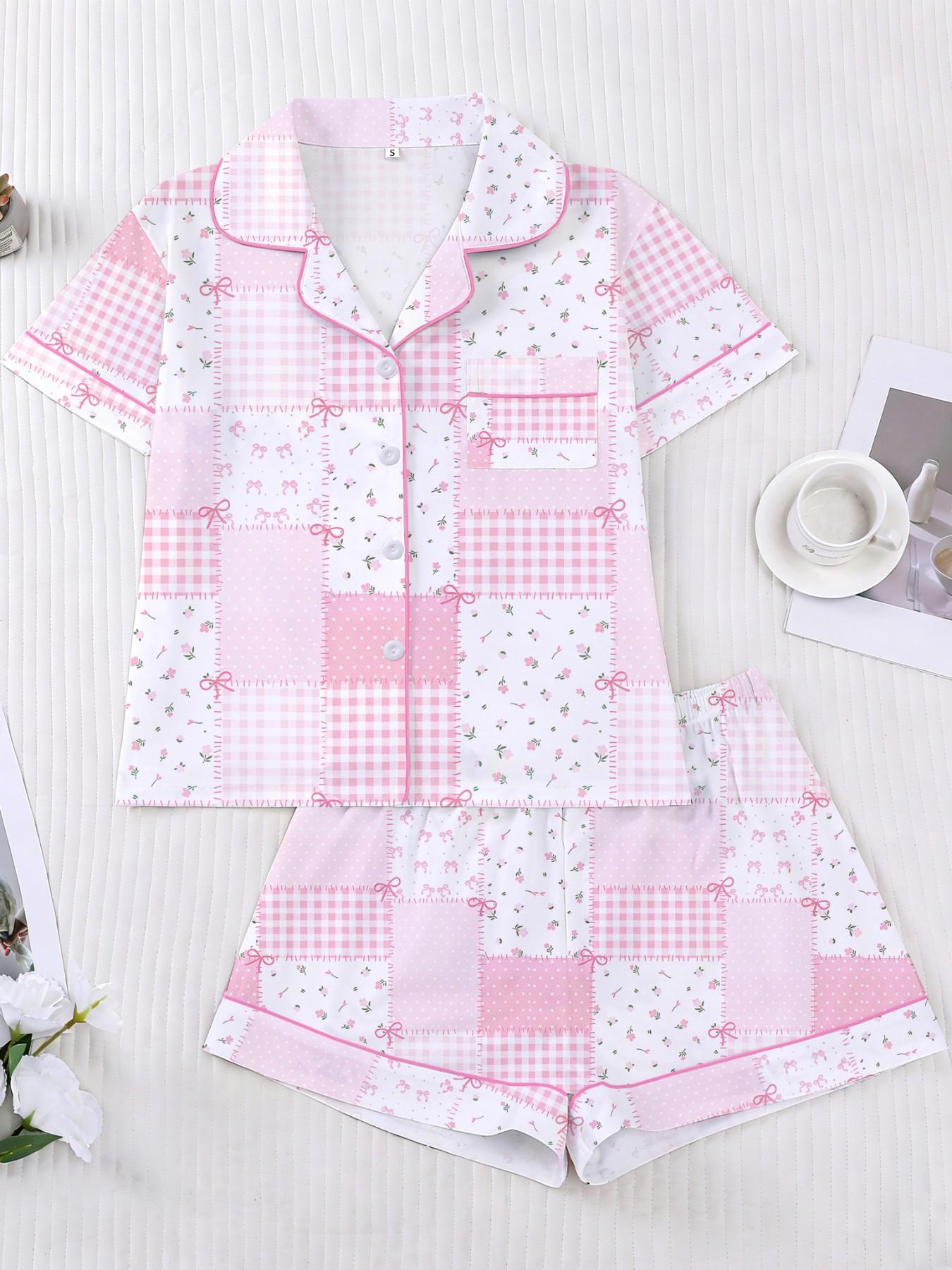 Women's Plaid Floral Bow Print Short Sleeve Shorts Fitted Pajama Set, Casual Everyday Home Wear Loungewear Suit, Comfortable Sleepwear for Women