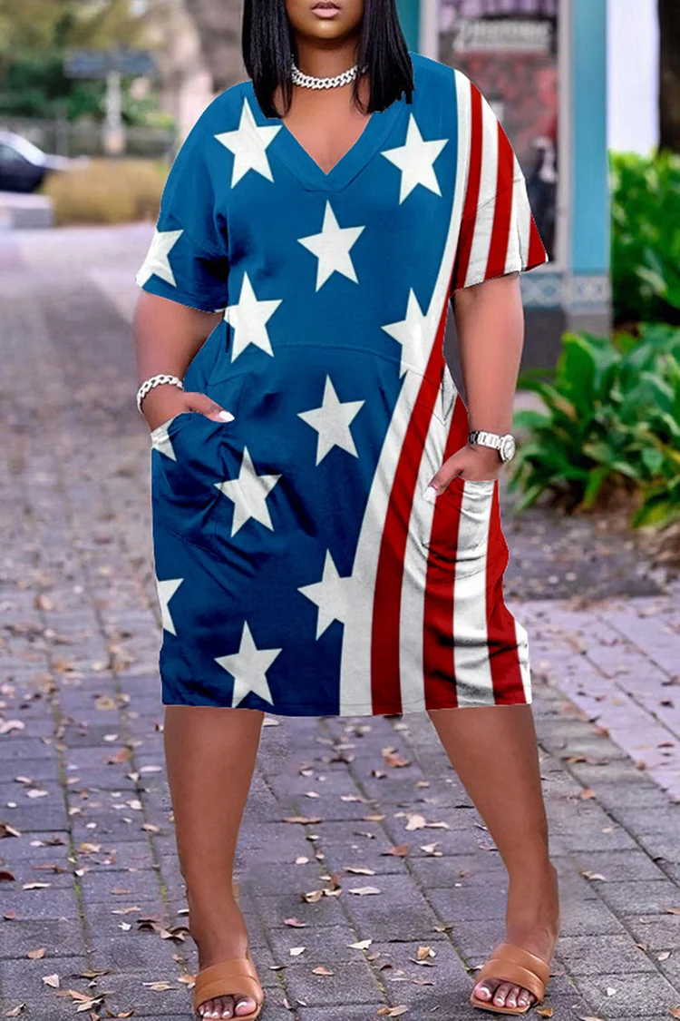 Plus Size Blue Casual Flag Letter Print Pocket V-Neck Midi Dress