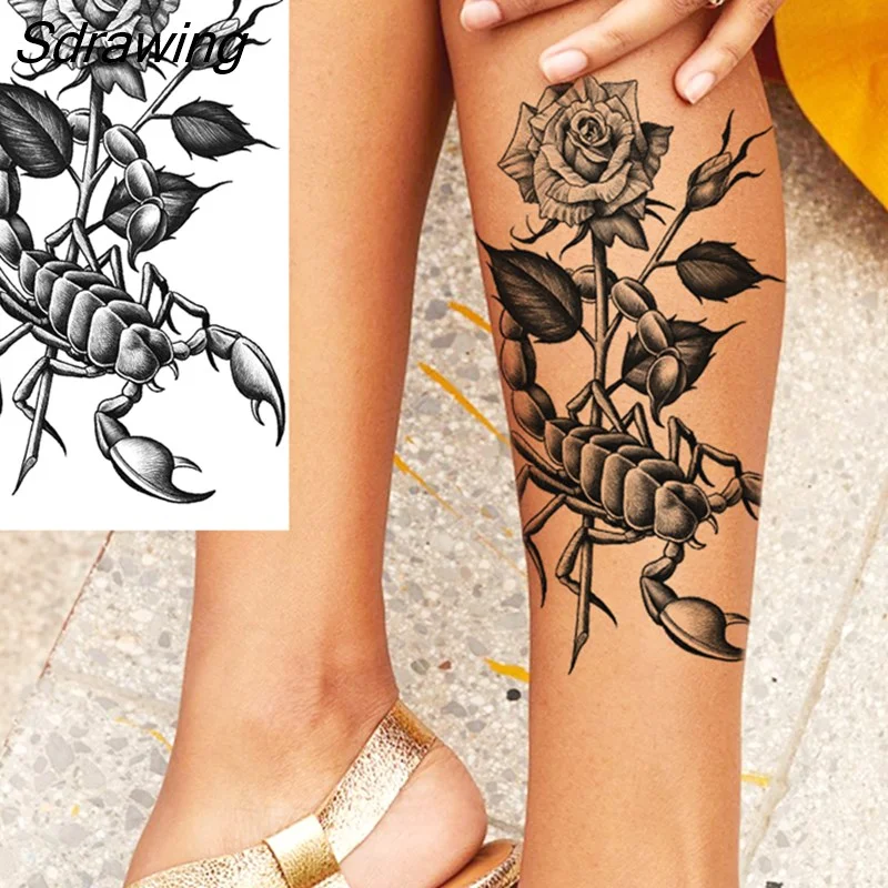 Sdrawing Warrior Punk Skeleton Gangster Rose Flower Temporary Tattoos For Women Men Lion Tiger Skull Rose Fake Tattoo Sexy Arm