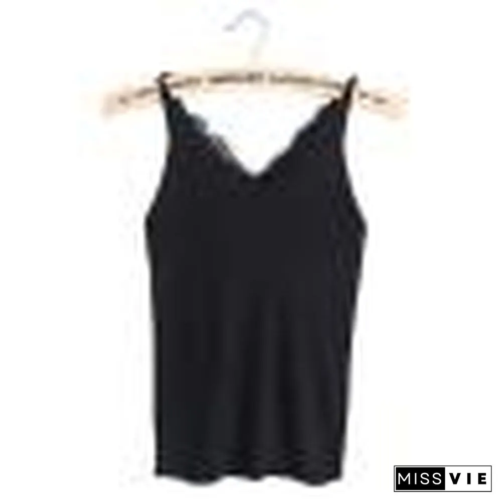 Sexy Women Plain Camisole Lace Splicing Double V Neck Vest Slim Sling Tank Tops