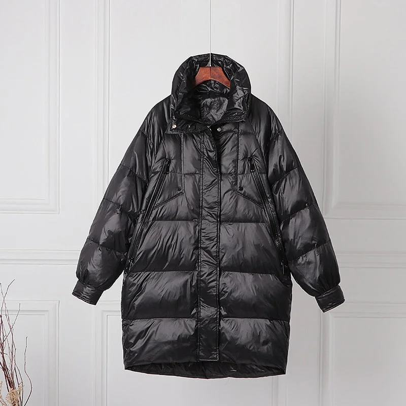 FTLZZ White Duck Down Long Jacket Woman Stand Collar Coat Winter Loose Waterproof Down Overcoat Parka Female Warm Snow Outerwear