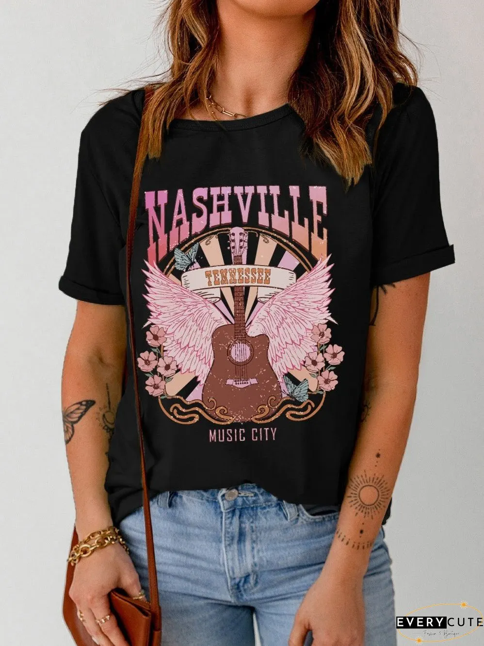 NASHVILLE Rock & Roll Guitar Graphic Print Top
