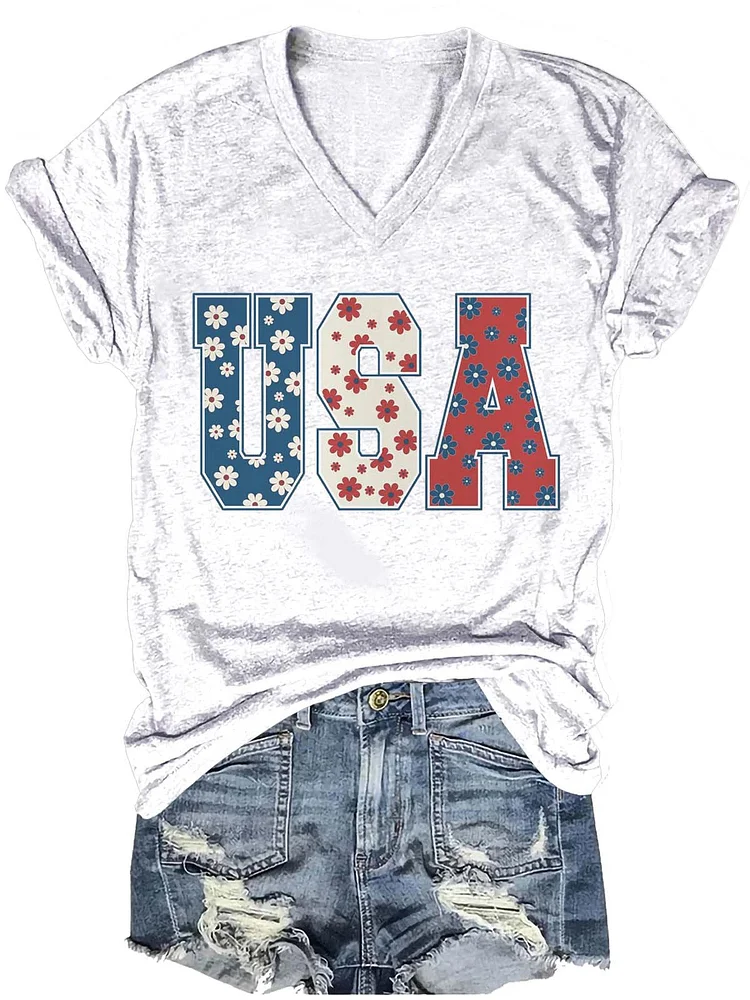 Independence Day USA Letter Art Print Casual T-shirt