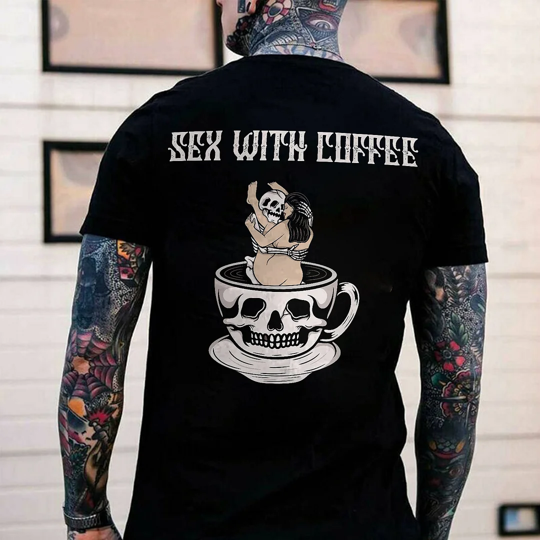 Sex With Coffee Skull Printed Men's T-shirt -  