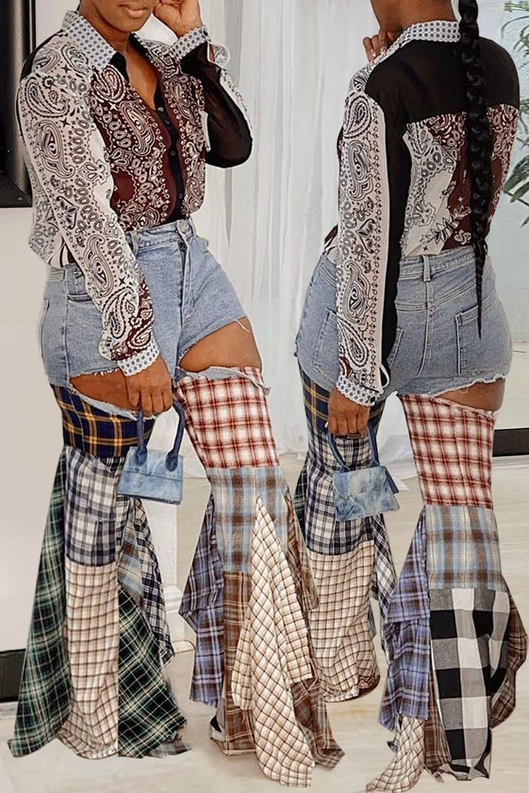 Xpluswear Plus Size Daily Plaid Colorblock Patchwork Ripped Flared Denim Bell Bottom Pants 