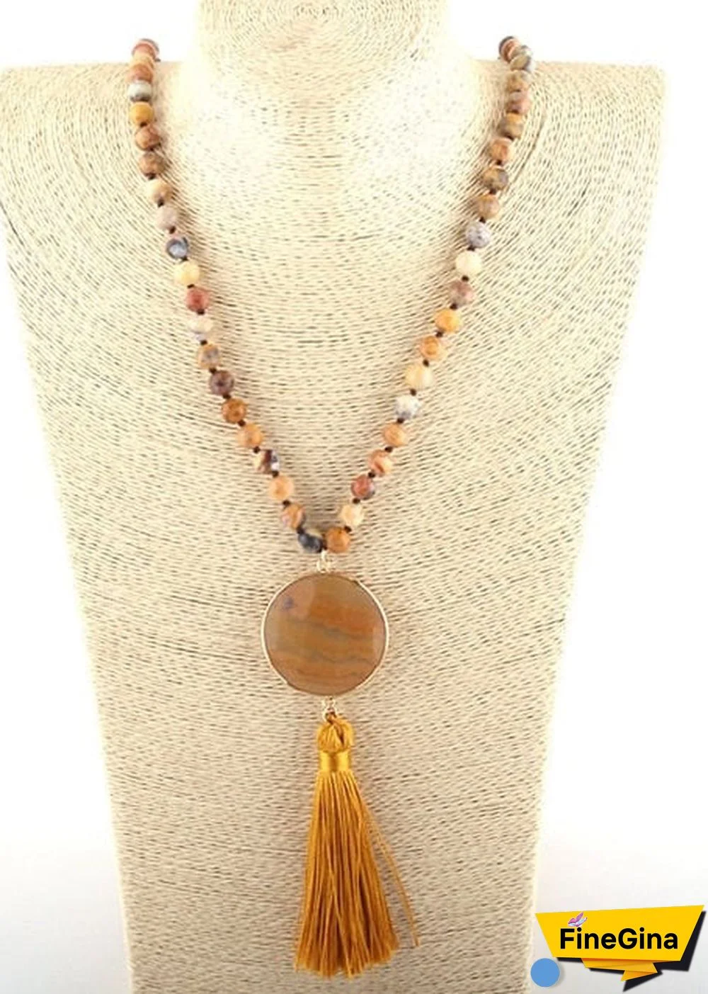 Boho Necklace, RH Amazonite Jasper, Circle Tassel Green White Natural Stone