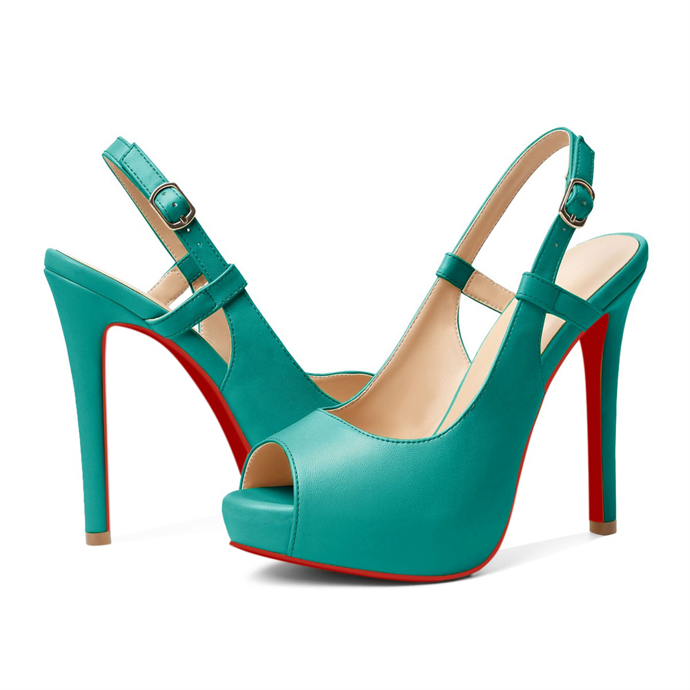 120mm Red Bottom Slingback Sandals Peep Toe Platform Stilettos Black Patent Heels-MERUMOTE